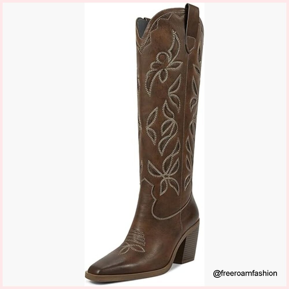 Knee High Western Boots with Chunky Heel, Pull On Tab, Faux Leather - Picture 1 of 7